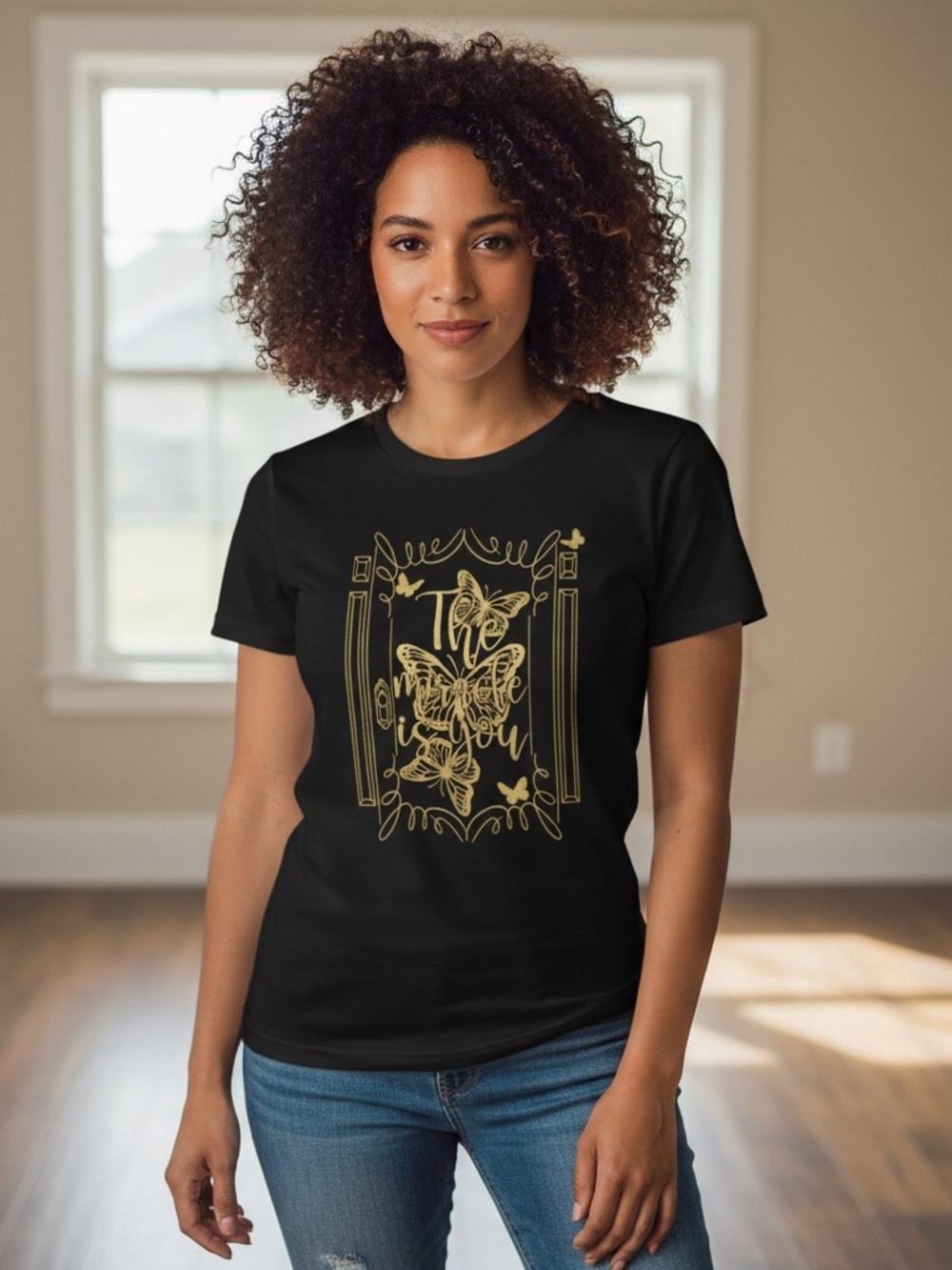 Black Graphic Tee with Gold Butterfly Door Design